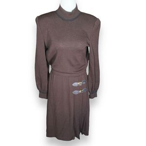 Vintage 80s St. John Collection Santana Knit Dress Brown Pleated Belted Skirt